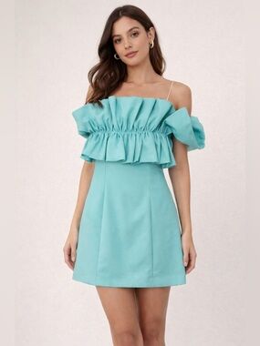 DO + BE Turquoise Off Shoulder Ruffle Mini Dress Size S Strapless Fit & Flare